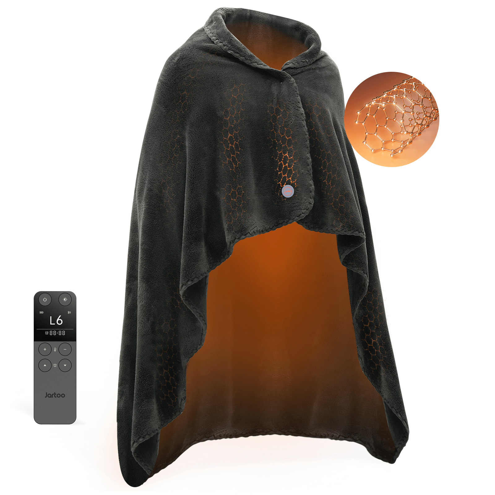 Jartoo Apalos FlexHT Carbon Nanotube Heated Blanket, wearable and washable, with remote control showing L6 level setting.
