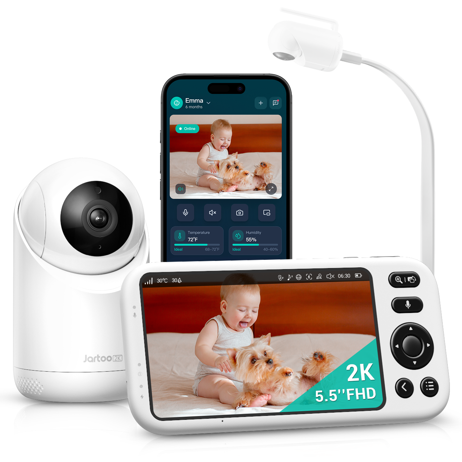 Jartoo AI Cry Detect 2K Caméra de surveillance vidéo pour bébé et audio Écran Full HD 5,5", longue portée de 3600 pieds sans WiFi, portable, vision nocturne, conversation bidirectionnelle, 6000 mAh