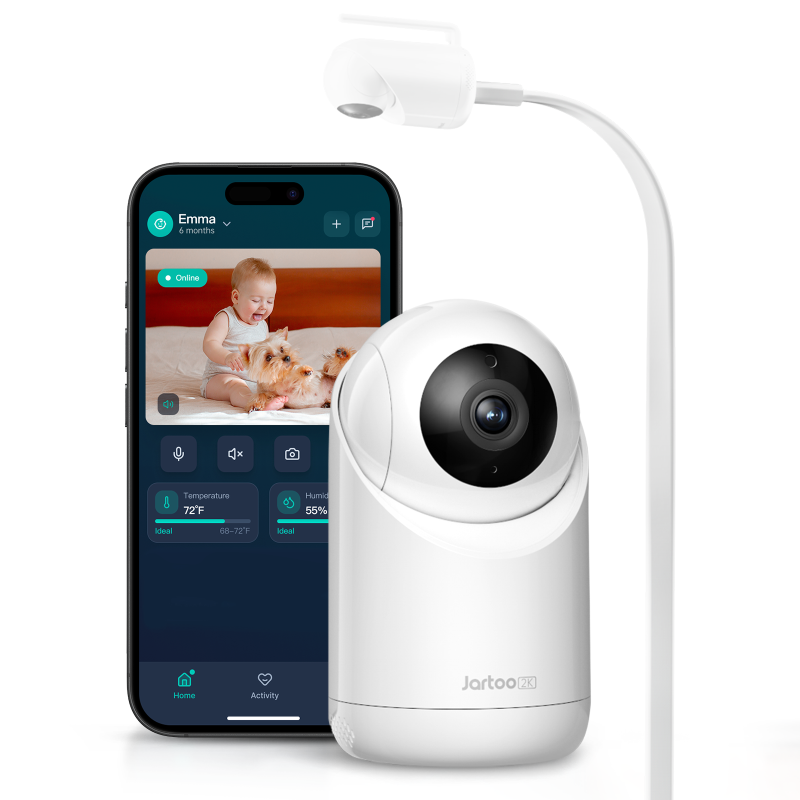 Jartoo AI Cry Detect 2K Video-Babyphone, Kamera und Audio, 5,5-Zoll-Full-HD-Bildschirm, 3600 Fuß Reichweite, kein WLAN, tragbar, Nachtsicht, Gegensprechfunktion, 6000 mAh