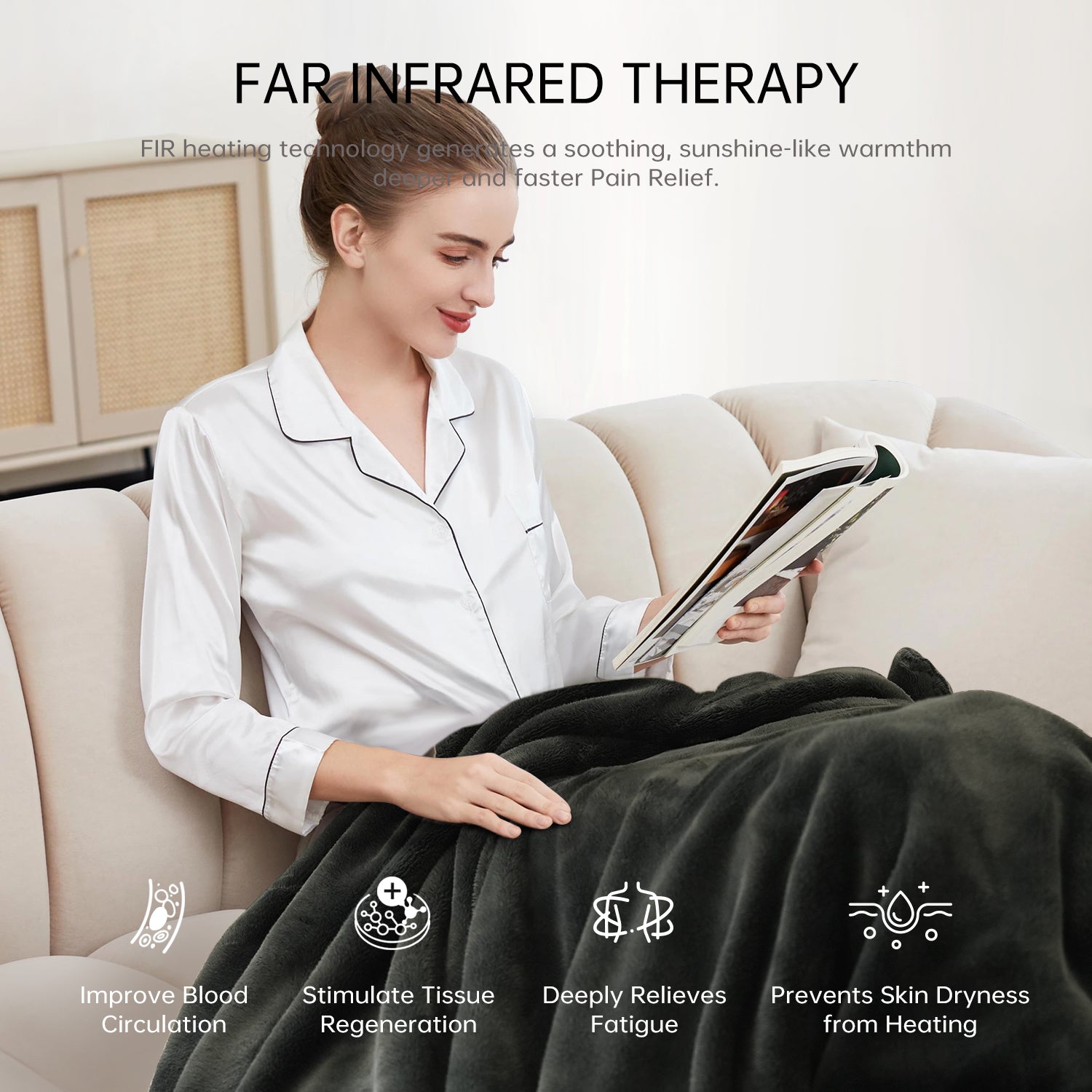 Jartoo Apalos FlexHT heated blanket, woman relaxing. Far infrared therapy for warmth, blood circulation, fatigue relief.