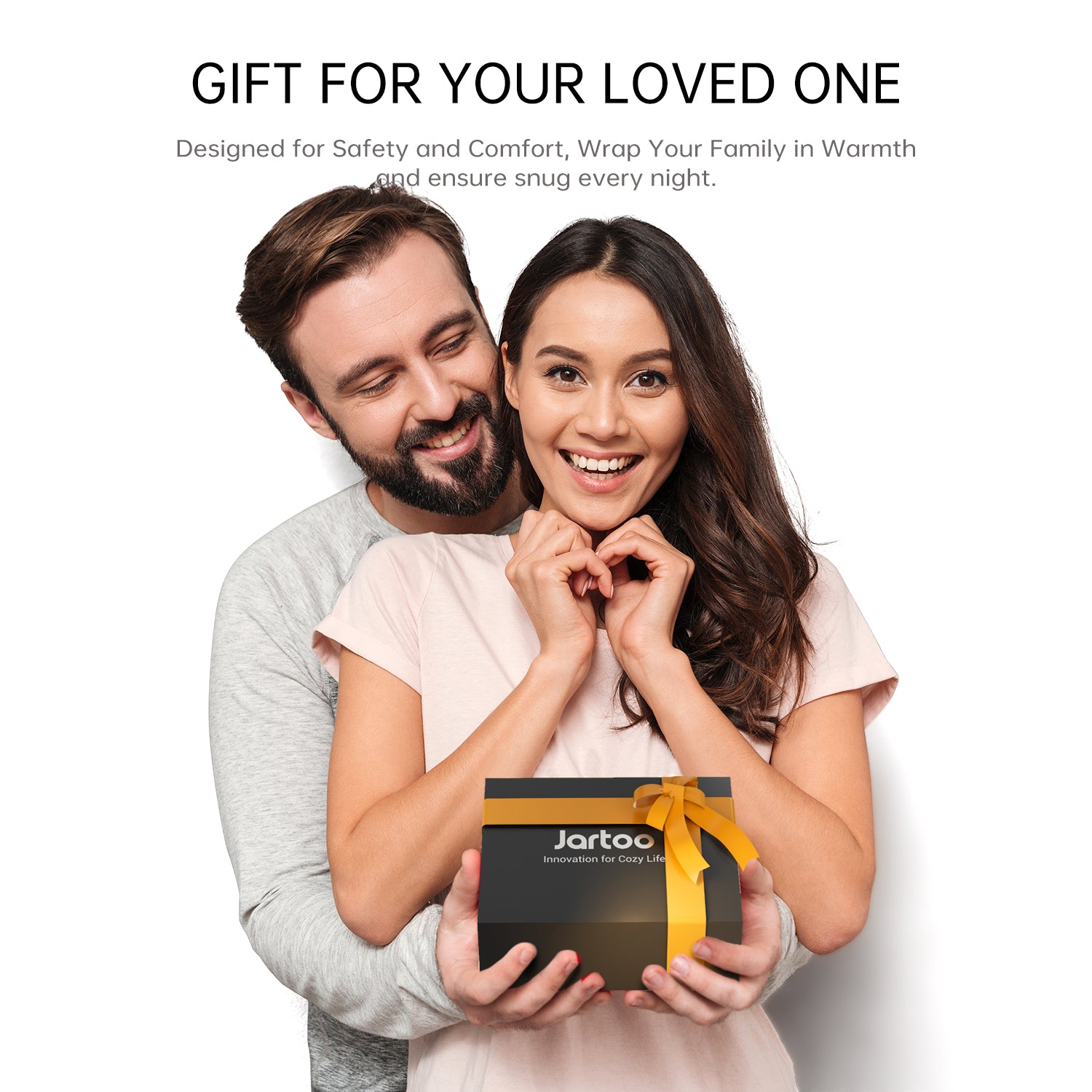 Jartoo Heated Blanket gift, couple smiling with the gift box, comfort and safety for loved ones, black and gold giftbox