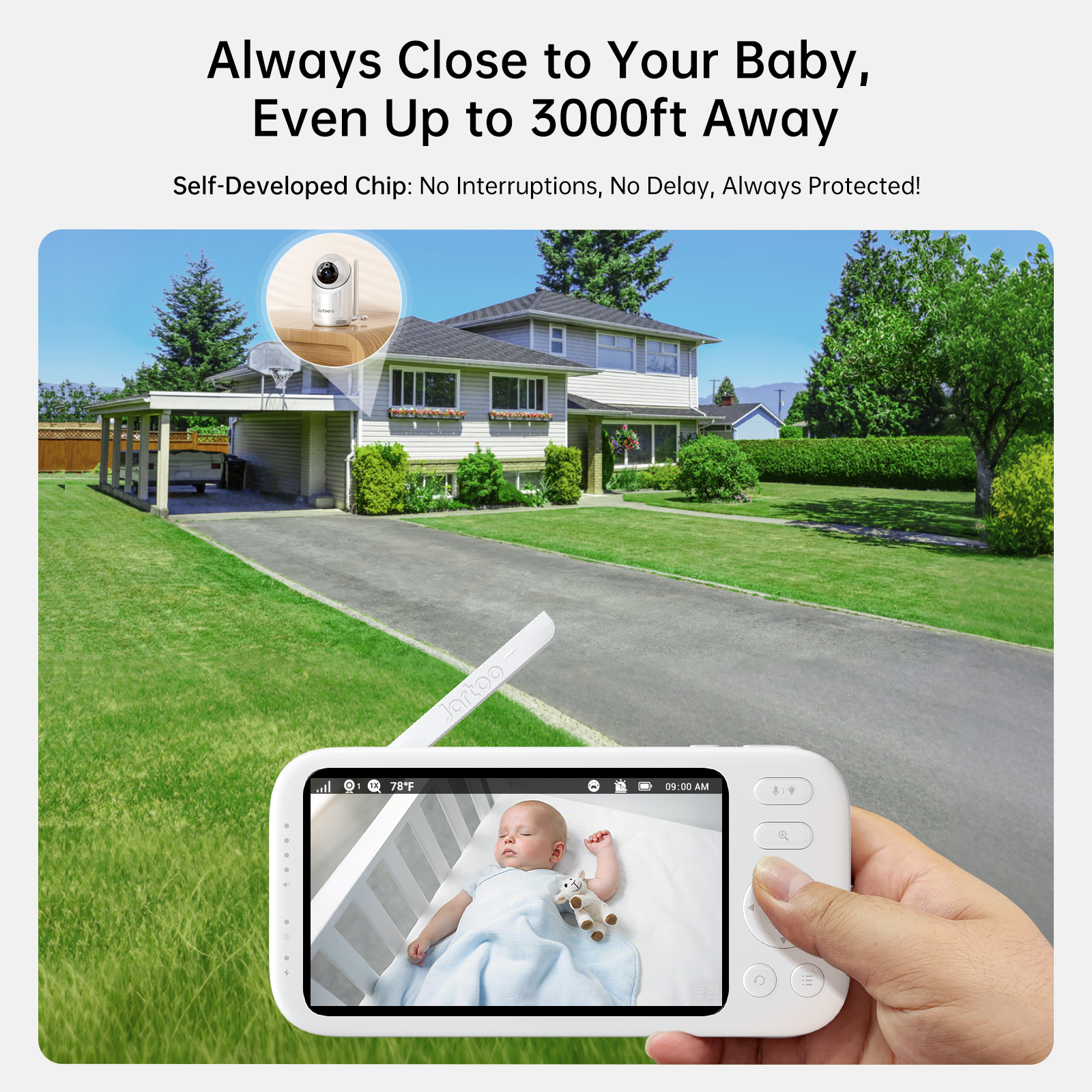 Jartoo 2K baby monitor camera with 5.5" display showing sleeping baby, long-range 3000ft, and clear audio