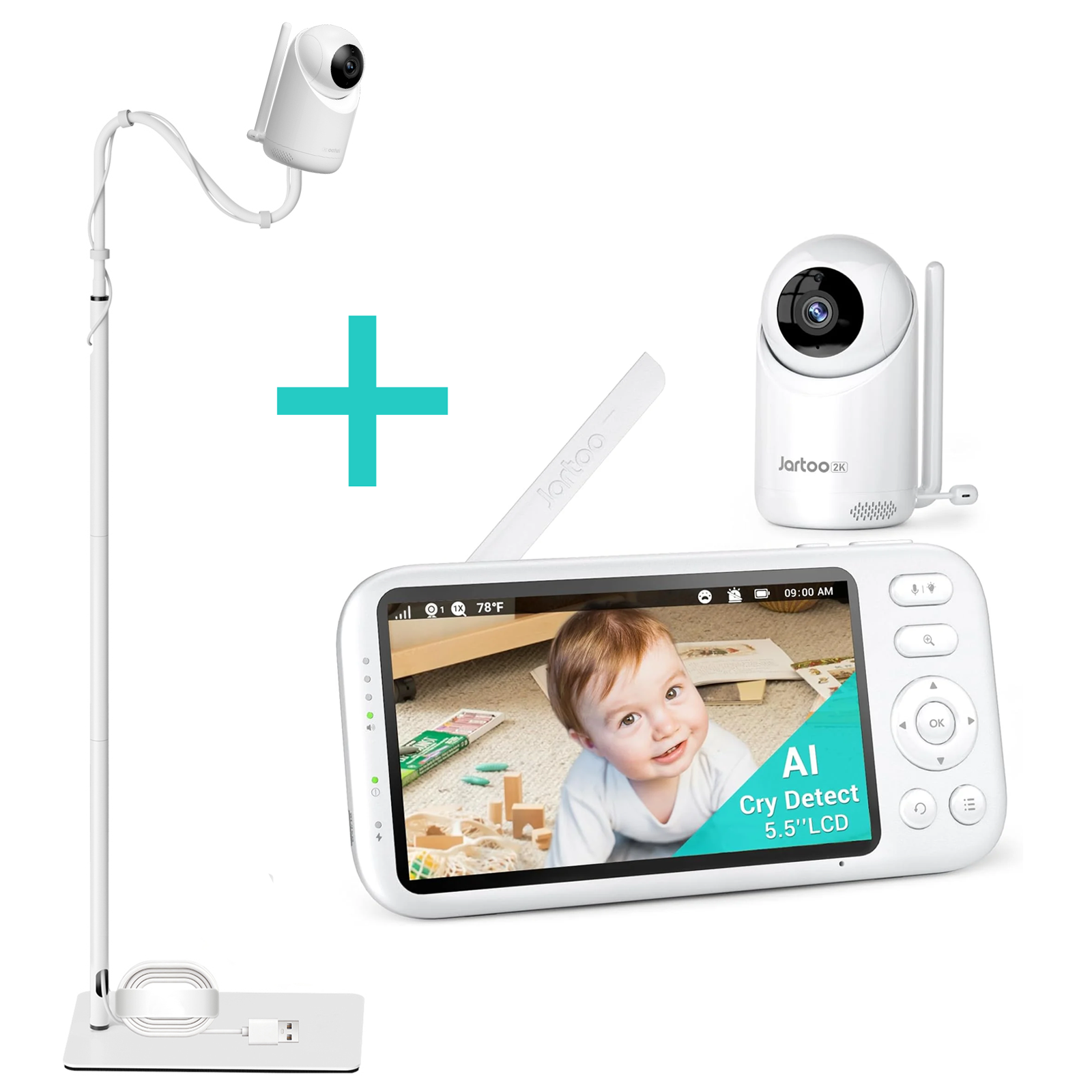 Jartoo AI Cry Detect 2K Video-Babyphone, Kamera und Audio, 5,5-Zoll-Full-HD-Bildschirm, 3600 Fuß Reichweite, kein WLAN, tragbar, Nachtsicht, Gegensprechfunktion, 6000 mAh