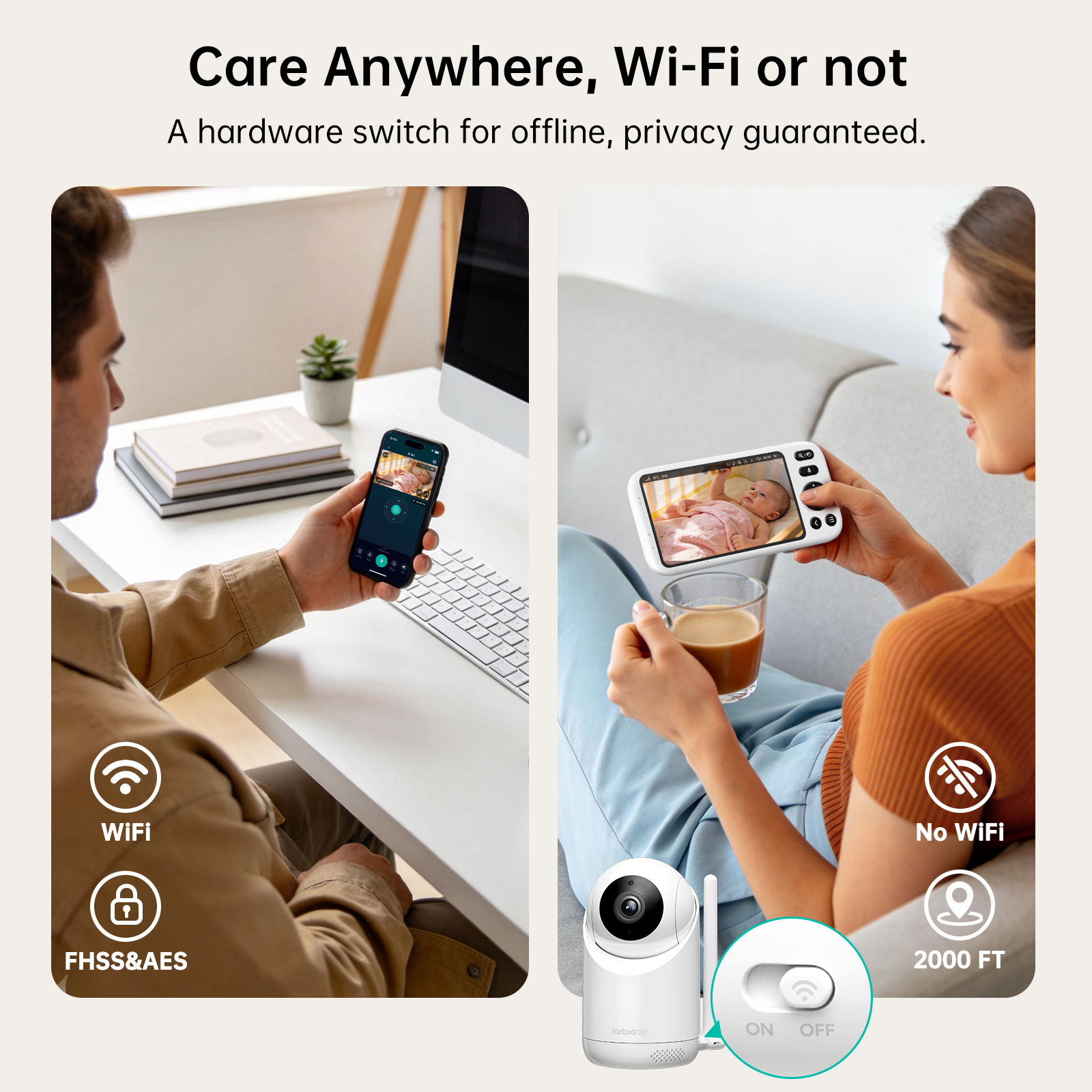 Jartoo AI Cry Detect 2K Caméra de surveillance vidéo pour bébé et audio Écran Full HD 5,5", longue portée de 3600 pieds sans WiFi, portable, vision nocturne, conversation bidirectionnelle, 6000 mAh
