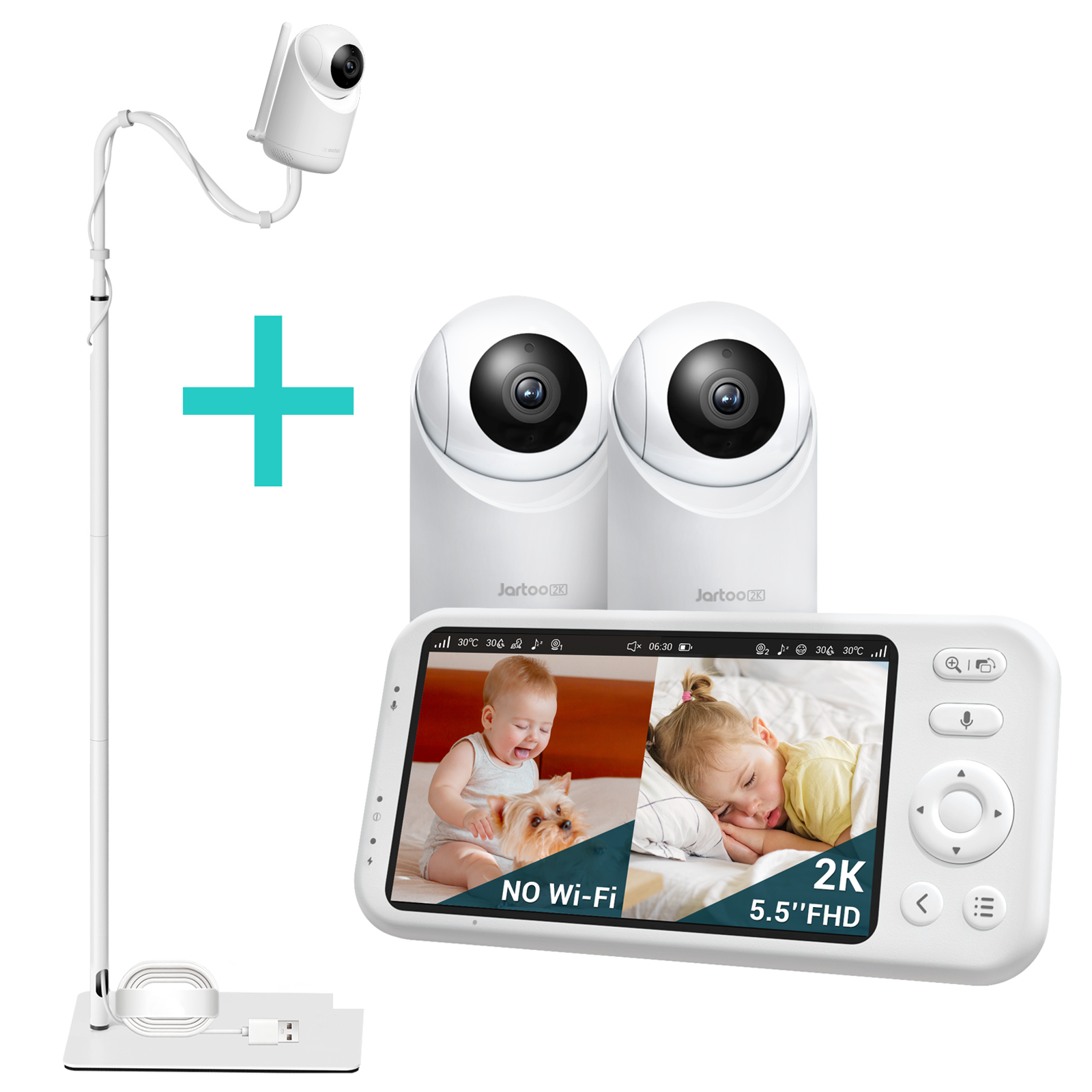 2K Video Baby Monitor, Floor Stand Mount Included , 3000ft Long Range No WiFi Baby Monitor with 2 Cameras and Audio, 5.5" Split Display, AI Cry Detect, IR Night Vision, 2-Way Audio, 6000mAh