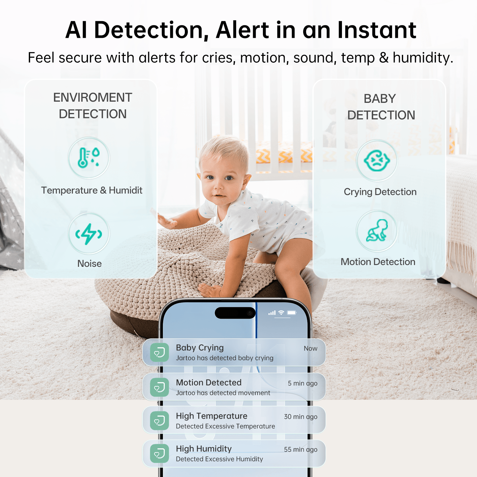 Jartoo AI Cry Detect 2K Video-Babyphone, Kamera und Audio, 5,5-Zoll-Full-HD-Bildschirm, 3600 Fuß Reichweite, kein WLAN, tragbar, Nachtsicht, Gegensprechfunktion, 6000 mAh