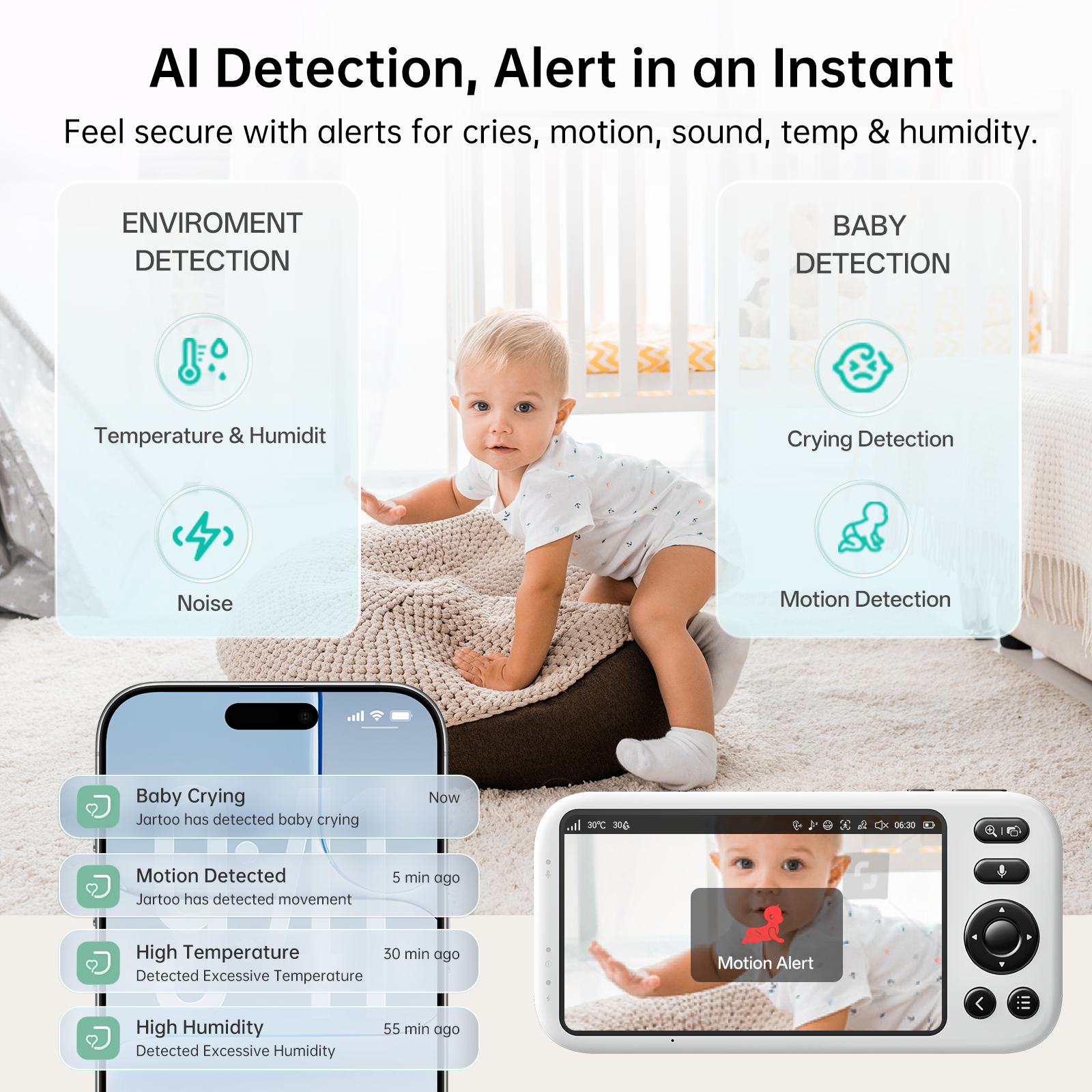 Jartoo AI Cry Detect 2K Caméra de surveillance vidéo pour bébé et audio Écran Full HD 5,5", longue portée de 3600 pieds sans WiFi, portable, vision nocturne, conversation bidirectionnelle, 6000 mAh