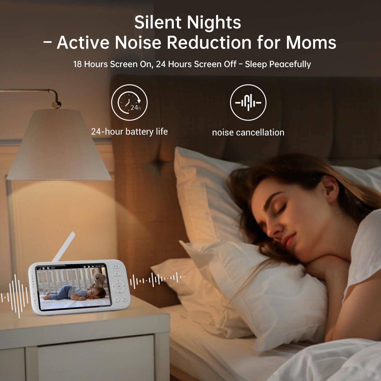 Jartoo baby monitor with noise reduction and 24-hour battery, showing sleeping baby, ensuring peaceful night vision.