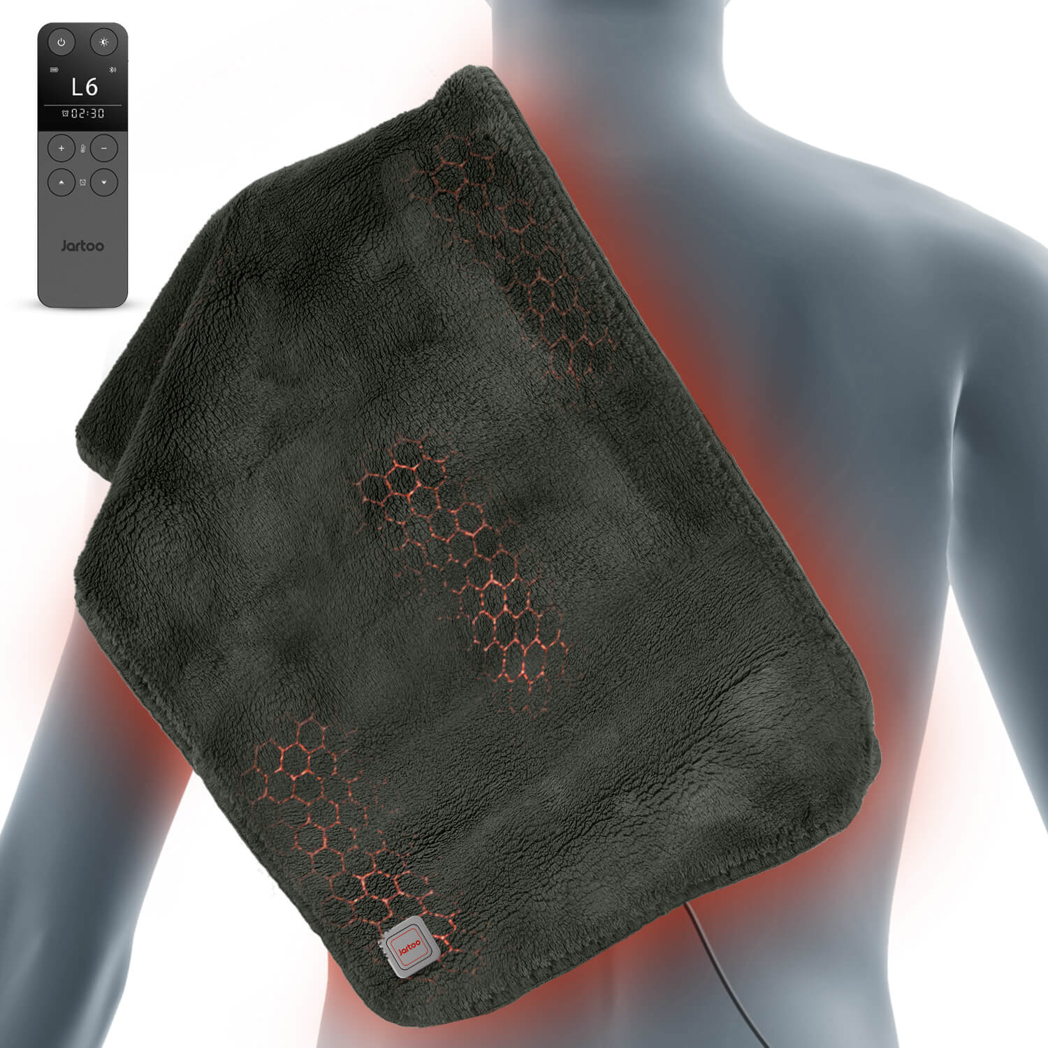 Jartoo Carbon Nanotube Heating Pad in use, for shoulder pain relief; features charcoal gray fabric and wireless remote.