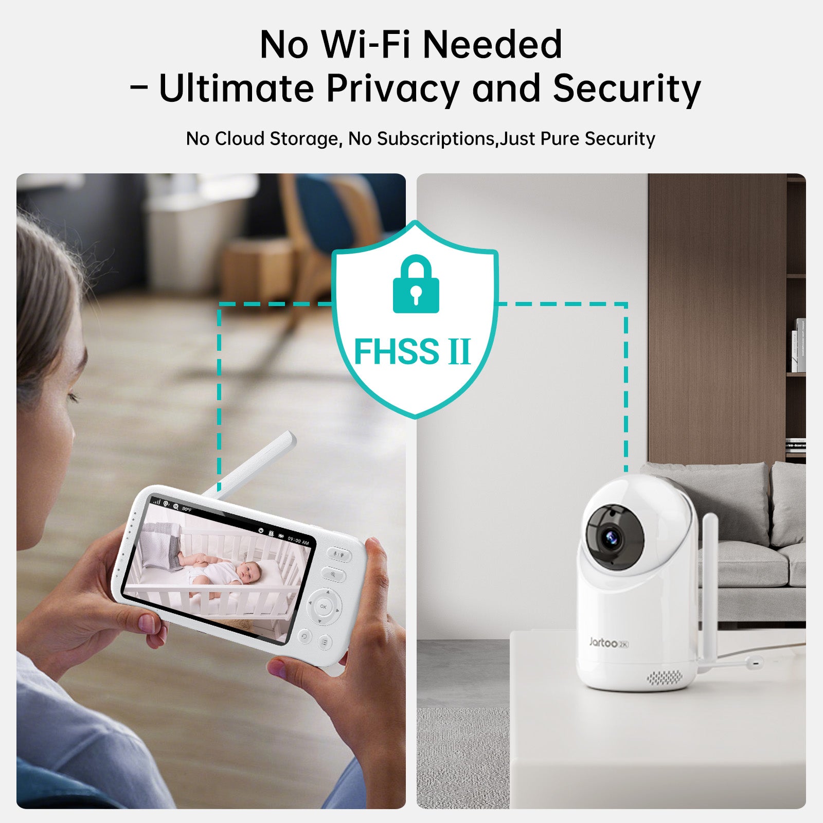Jartoo 2K baby monitor with FHSS II for privacy, showing baby in crib on screen. No Wi-Fi needed for security.