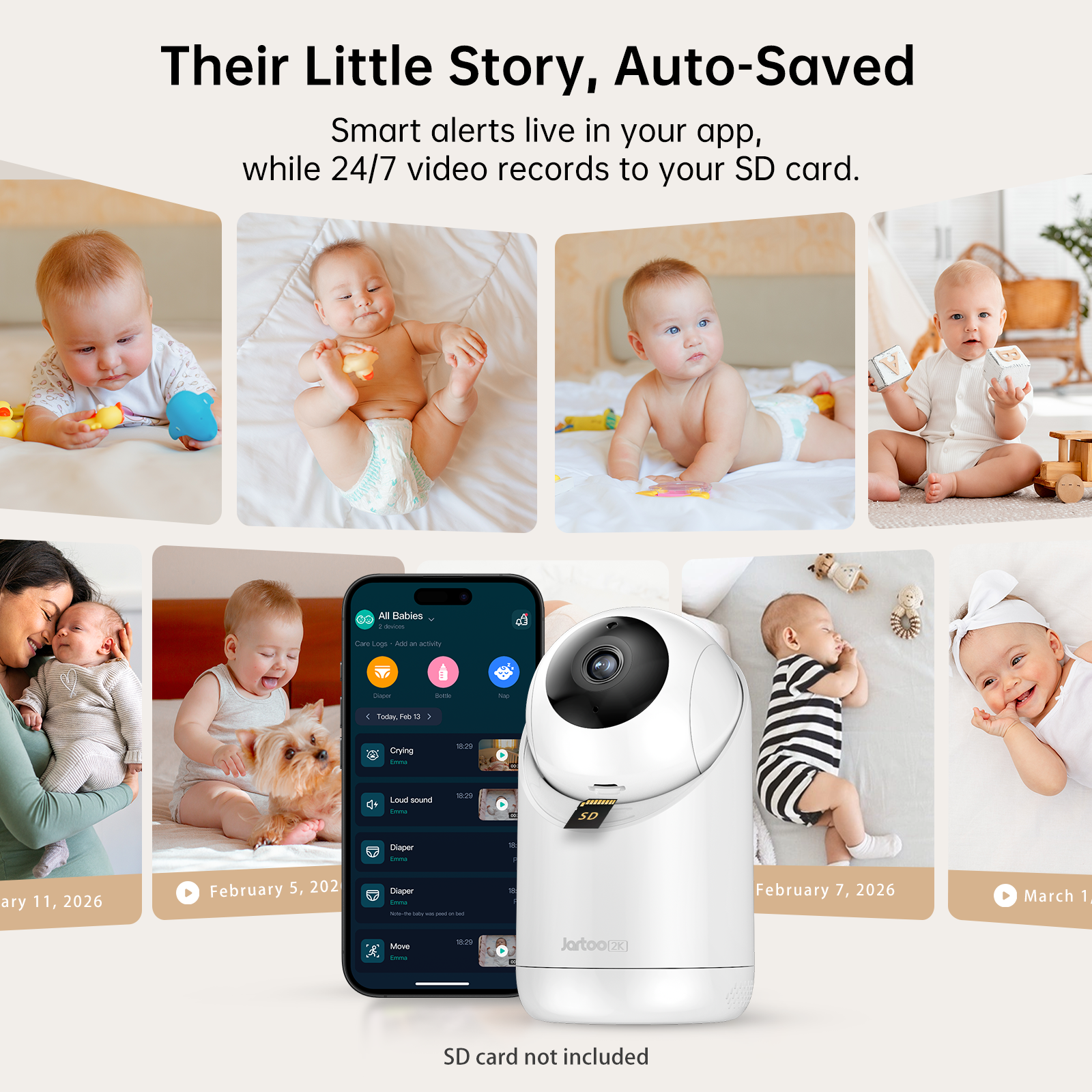 Jartoo AI Cry Detect 2K Caméra de surveillance vidéo pour bébé et audio Écran Full HD 5,5", longue portée de 3600 pieds sans WiFi, portable, vision nocturne, conversation bidirectionnelle, 6000 mAh