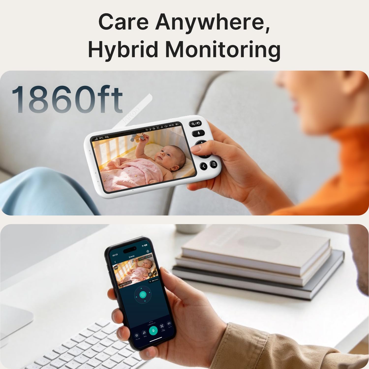 Jartoo Smart Baby Monitor with 2K Camera & Mount, 1860ft Long Range, 5.5" Screen, Hybrid Wi-Fi and No Wi-Fi Connection, AI-Powered Detection, Free App & 24/7 Recording, ANR