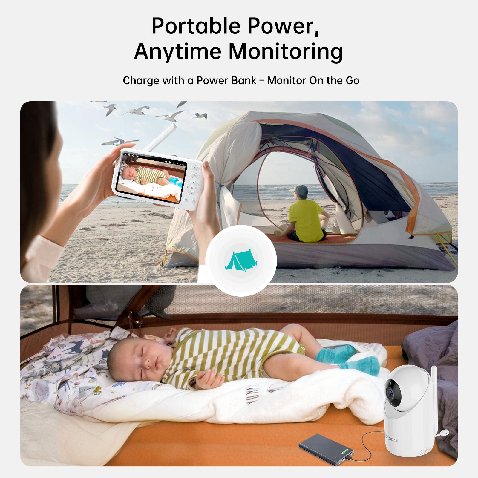 Jartoo 2K baby monitor: portable power, anytime monitoring. Baby sleeping peacefully with clear video.