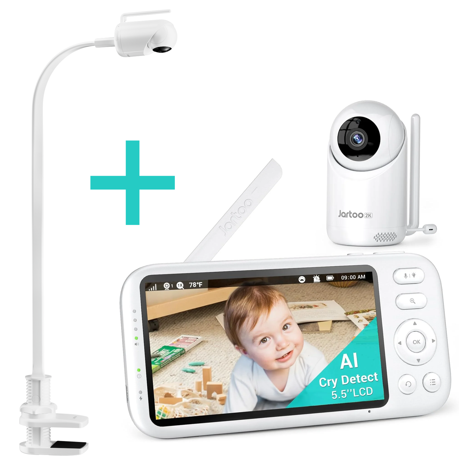 Jartoo AI Cry Detect 2K Caméra de surveillance vidéo pour bébé et audio Écran Full HD 5,5", longue portée de 3600 pieds sans WiFi, portable, vision nocturne, conversation bidirectionnelle, 6000 mAh