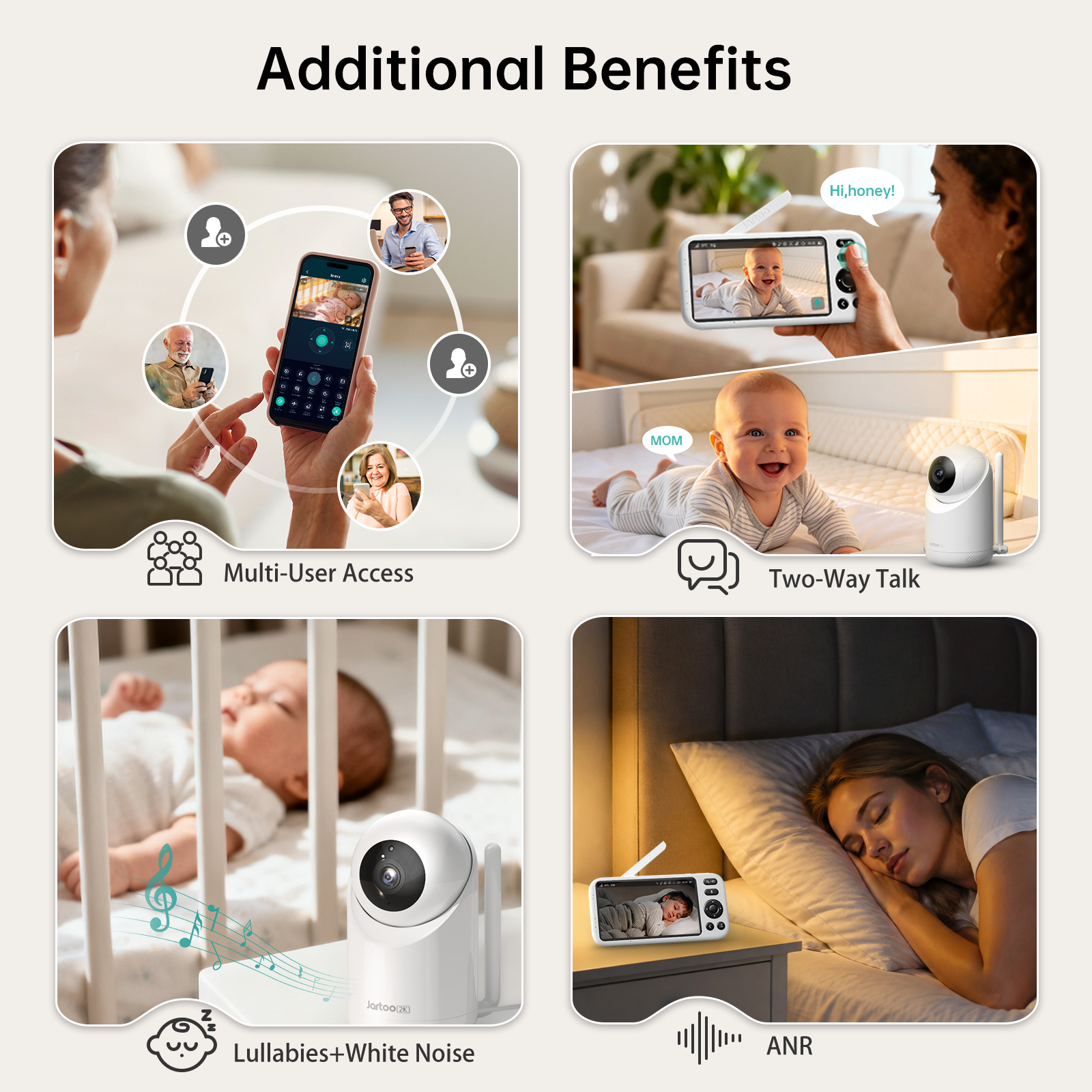 Jartoo AI Cry Detect 2K Caméra de surveillance vidéo pour bébé et audio Écran Full HD 5,5", longue portée de 3600 pieds sans WiFi, portable, vision nocturne, conversation bidirectionnelle, 6000 mAh