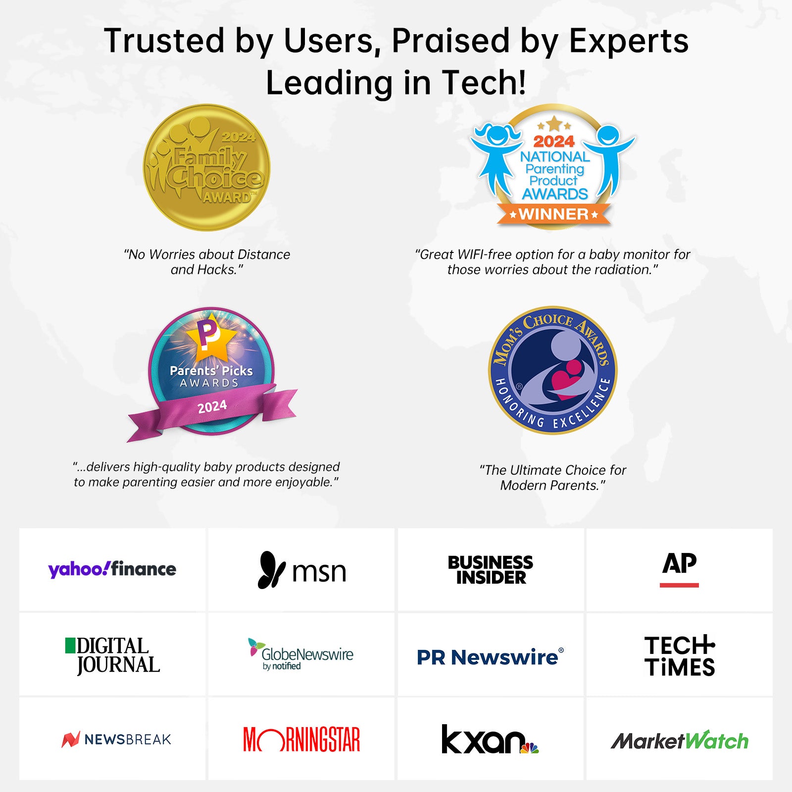 Jartoo baby monitor awards: Family Choice, Parent's Picks, Winner; praised by experts for safety and features.