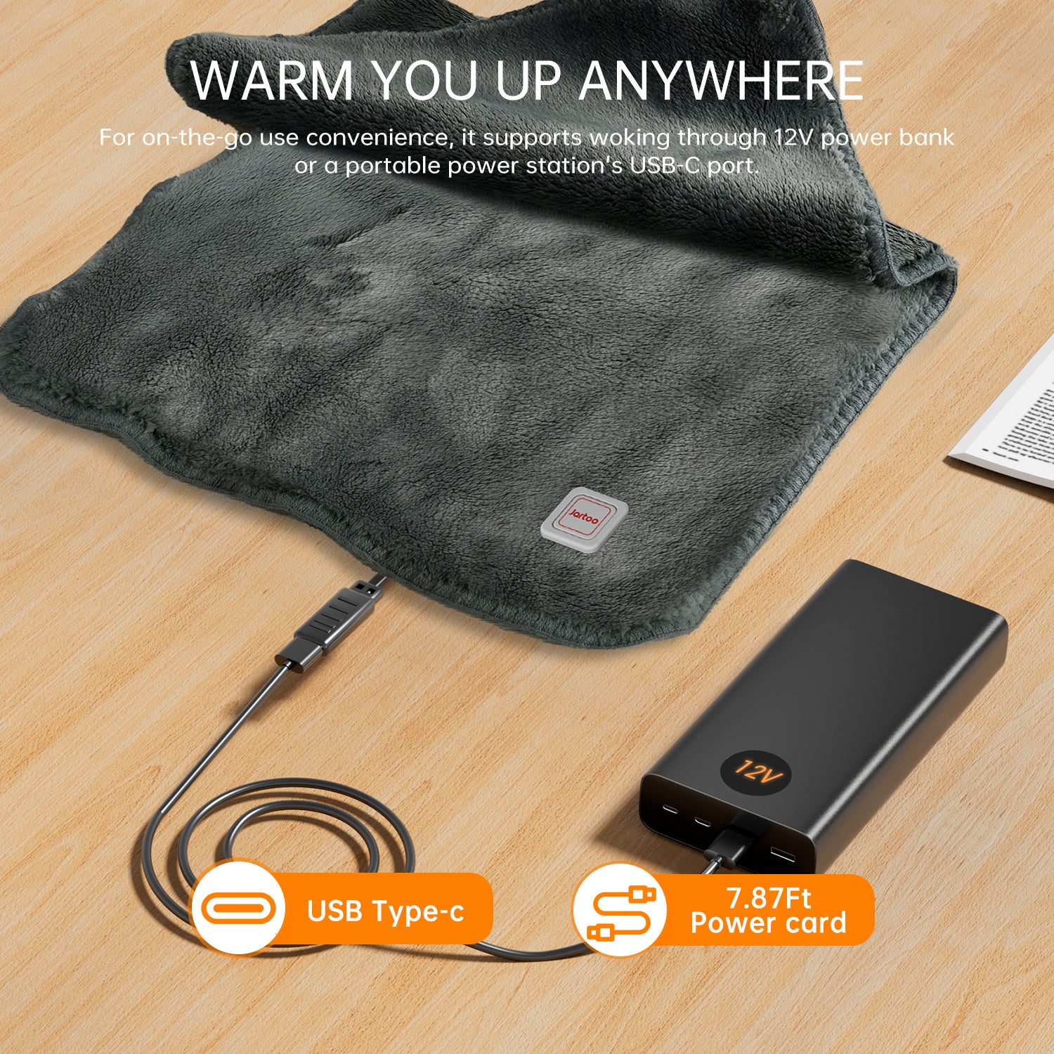 Jartoo Carbon Nanotube Heating Pad, portable, powered by 12V power bank via USB-C, for pain relief.