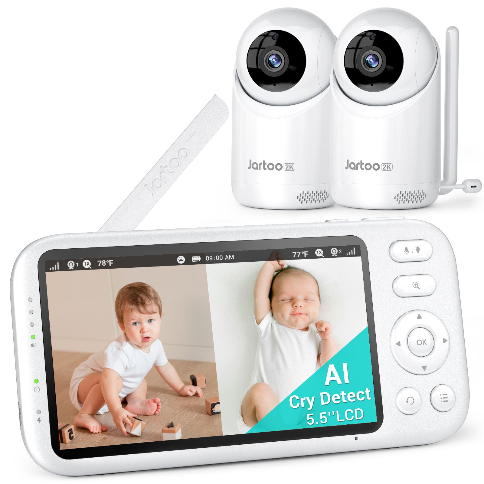 2K Video Baby Monitor, 3000ft Long Range No WiFi Baby Monitor with 2 Cameras and Audio, 5.5" Split Display, AI Cry Detect, IR Night Vision, 2-Way Audio, 6000mAh