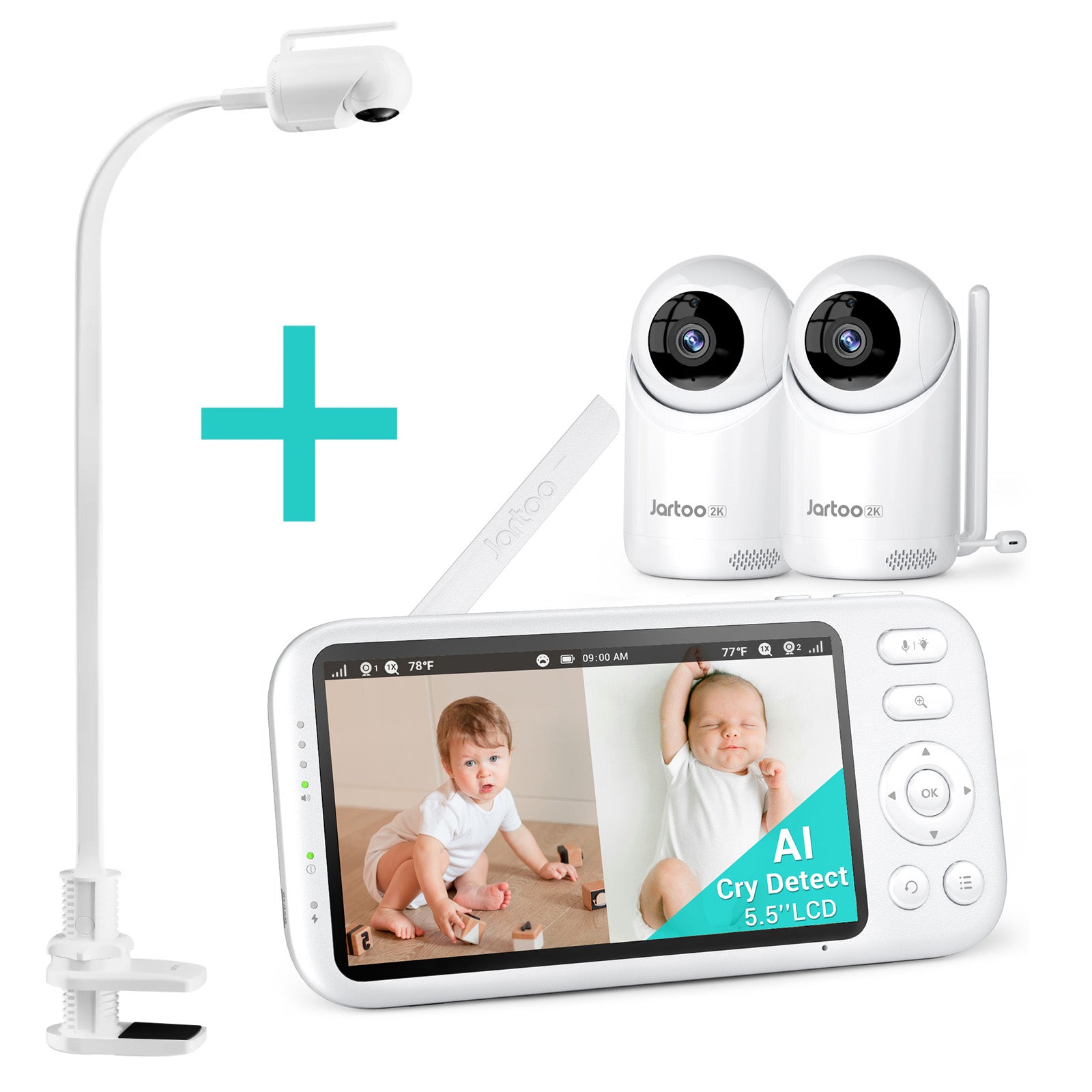 Jartoo AI Cry Detect 2K Video-Babyphone, Kamera und Audio, 5,5-Zoll-Full-HD-Bildschirm, 3600 Fuß Reichweite, kein WLAN, tragbar, Nachtsicht, Gegensprechfunktion, 6000 mAh
