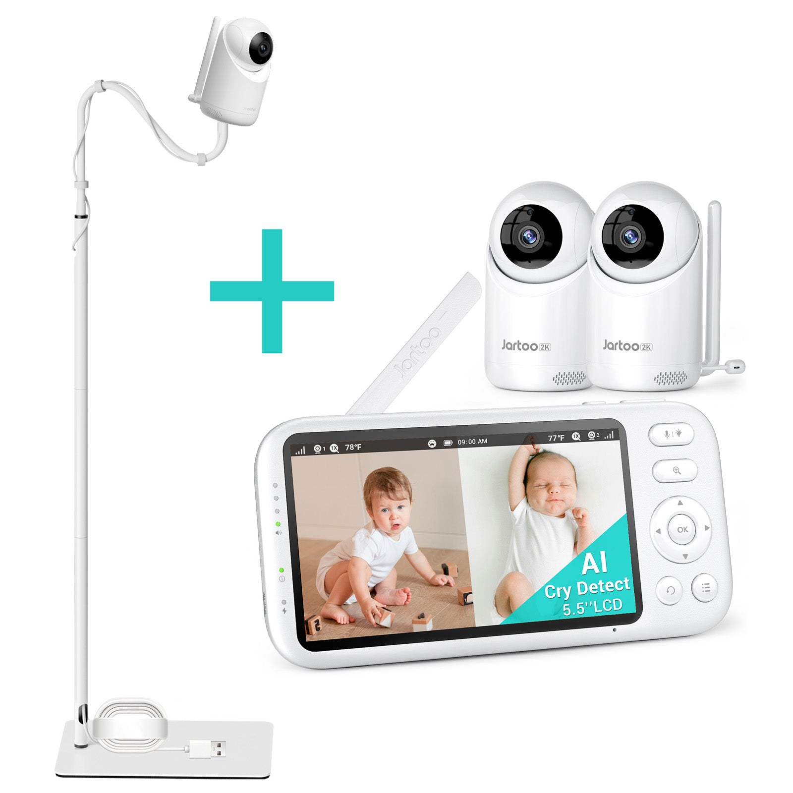 2K Video Baby Monitor, Floor Stand Mount Included , 3000ft Long Range No WiFi Baby Monitor with 2 Cameras and Audio, 5.5" Split Display, AI Cry Detect, IR Night Vision, 2-Way Audio, 6000mAh