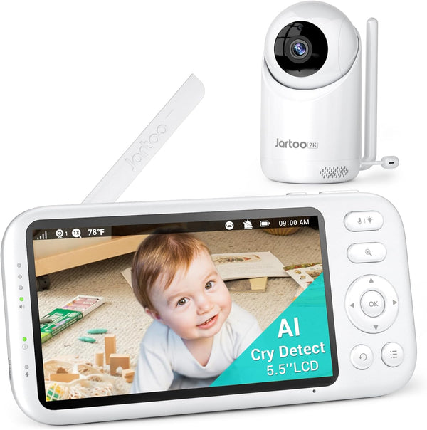 Jartoo AI Cry Detect 2K Video Baby Monitor Camera and Audio 5.5" Full HD Screen, 3600ft Long Range No WiFi, Portable, Night Vision, Two Way Talk, 6000mAh