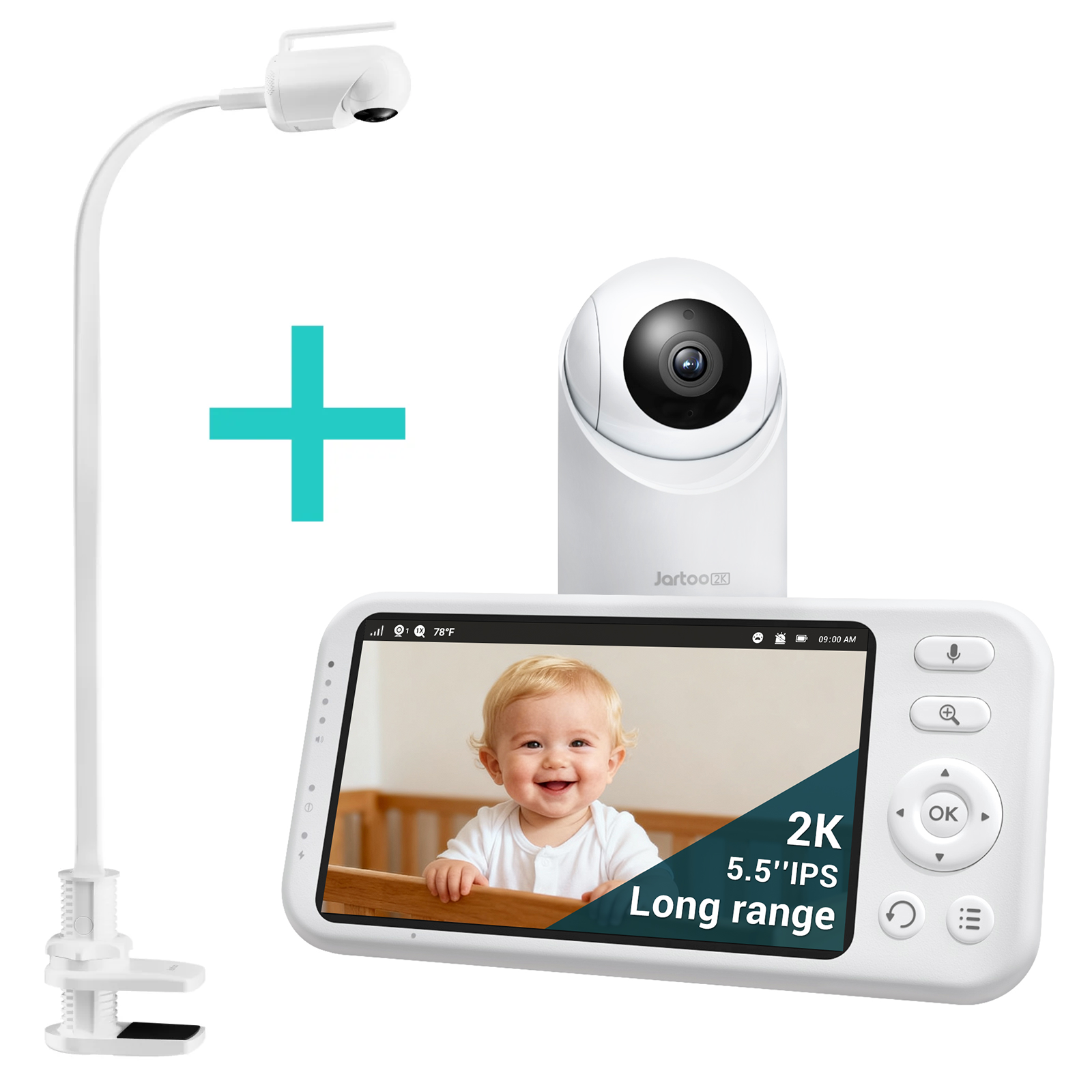 Jartoo AI Cry Detect 2K Video-Babyphone, Kamera und Audio, 5,5-Zoll-Full-HD-Bildschirm, 3600 Fuß Reichweite, kein WLAN, tragbar, Nachtsicht, Gegensprechfunktion, 6000 mAh