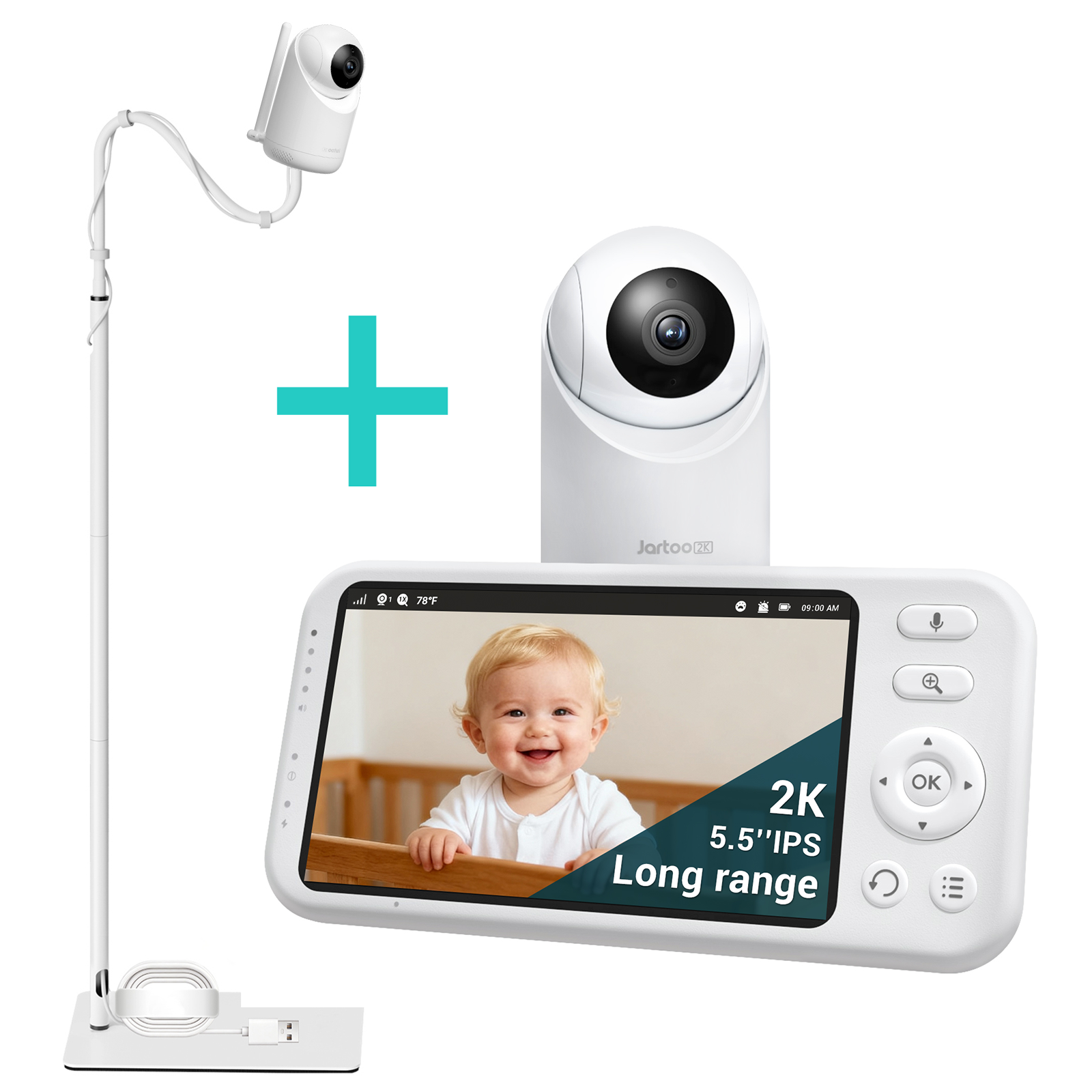 Jartoo AI Cry Detect 2K Video-Babyphone, Kamera und Audio, 5,5-Zoll-Full-HD-Bildschirm, 3600 Fuß Reichweite, kein WLAN, tragbar, Nachtsicht, Gegensprechfunktion, 6000 mAh