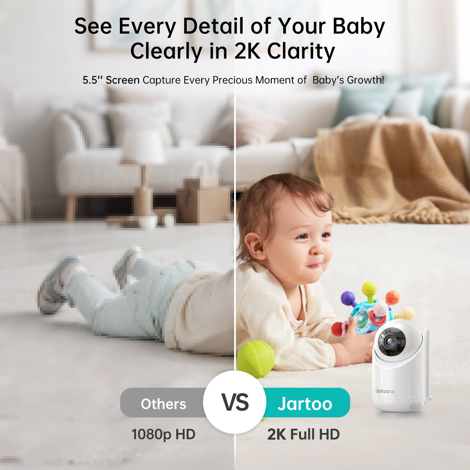 Jartoo 2K Video Baby Monitor Camera, showcasing 2K full HD clarity compared to 1080p HD for clear detail of the baby.