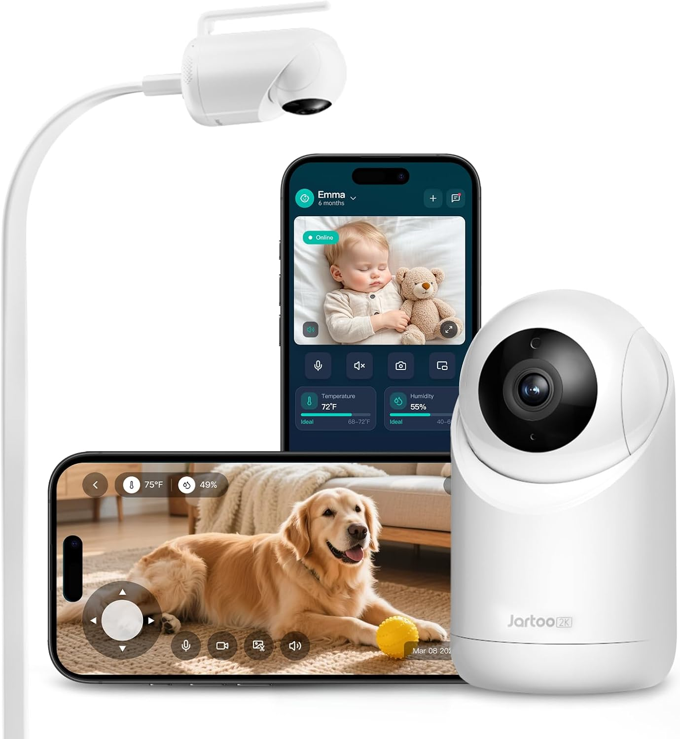 Jartoo AI Cry Detect 2K Caméra de surveillance vidéo pour bébé et audio Écran Full HD 5,5", longue portée de 3600 pieds sans WiFi, portable, vision nocturne, conversation bidirectionnelle, 6000 mAh