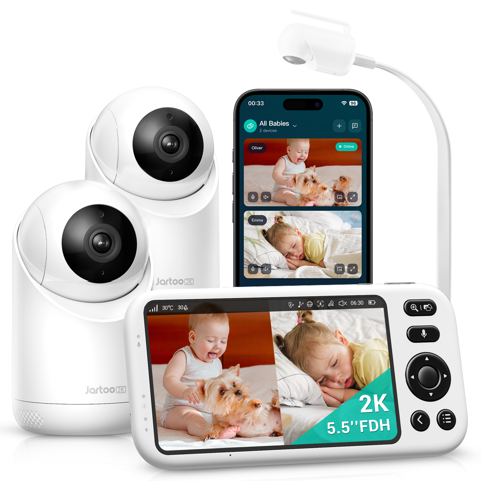 Jartoo Cry-Sensor 2K Videobabo Monitor kun fotilo kaj aŭdo 5.5 "Tull HD ekrano, 2000ft Long intervalo, du voja paroli, 6000mAh